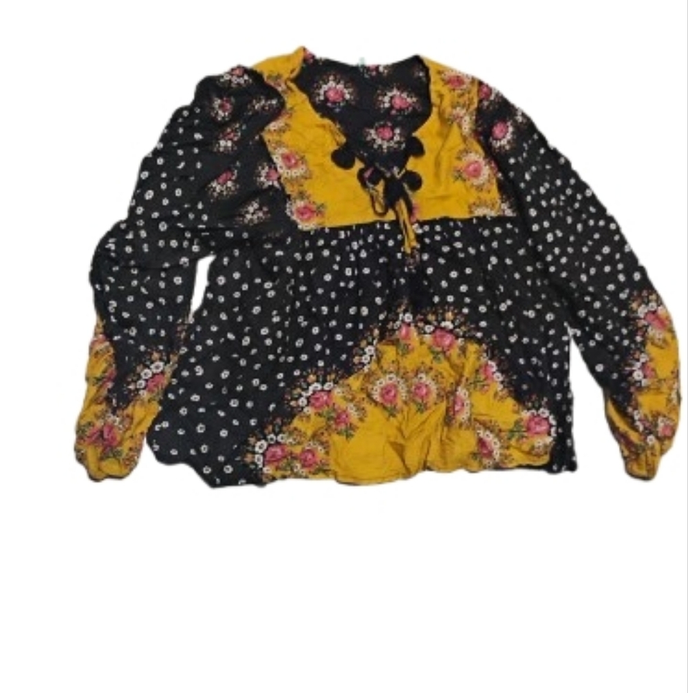 Farm Rio Anthropologie Intarsia Mixed Print Floral Long Sleeve Peasant Top